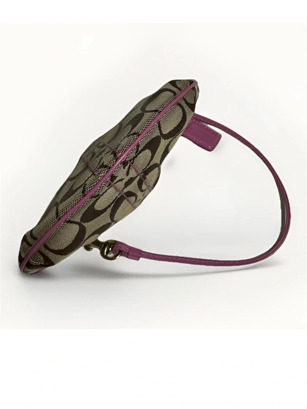 Coach Soho Hobo Mini Wristlet, Signature Brown/Beige Canvas, Pink Suede Trim,
